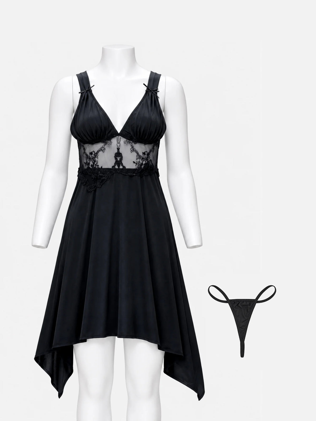 Black lingerie set displayed on a white mannequin against a light gray background, featuring a sheer lace halter mini dress with a black high-low skirt and a matching black thong shown separately to the right.