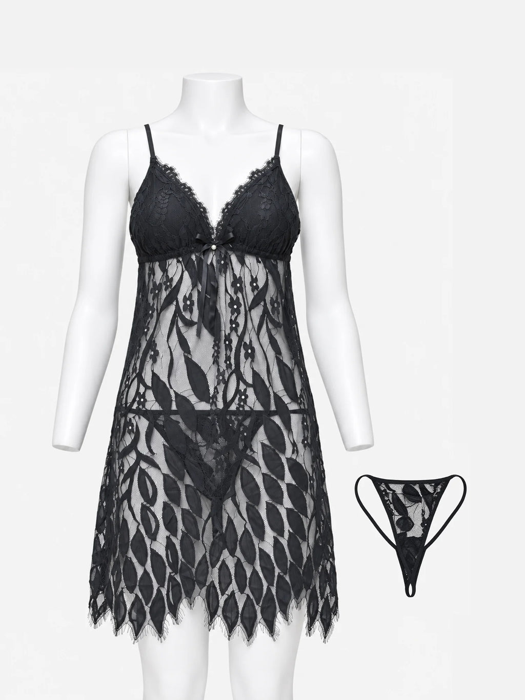 Emanay Black Floral Lace Babydoll & Thong Set