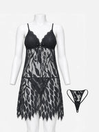 Emanay Black Floral Lace Babydoll & Thong Set