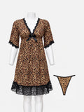 Leopard print nighty with black lace trim and matching thong on mannequin