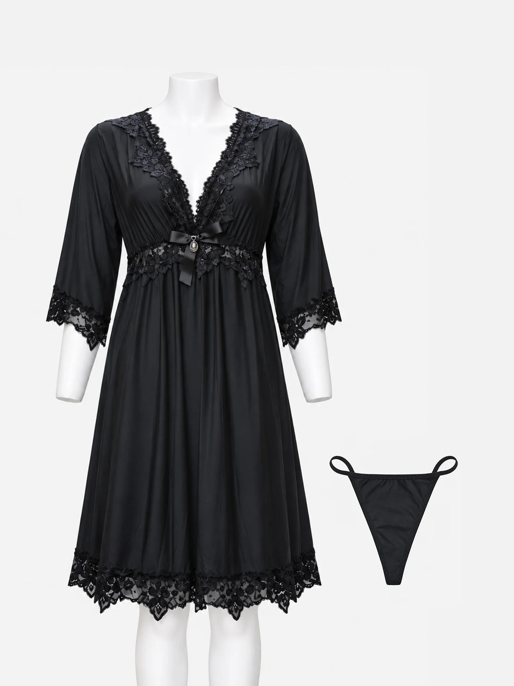 Black nighty with floral lace neckline, cuffs and hem, shown with matching thong on mannequin