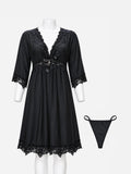 Black nighty with floral lace neckline, cuffs and hem, shown with matching thong on mannequin