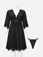 Black nighty with floral lace neckline, cuffs and hem, shown with matching thong on mannequin