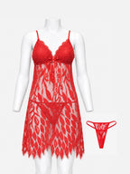 Red floral lace babydoll set on mannequin