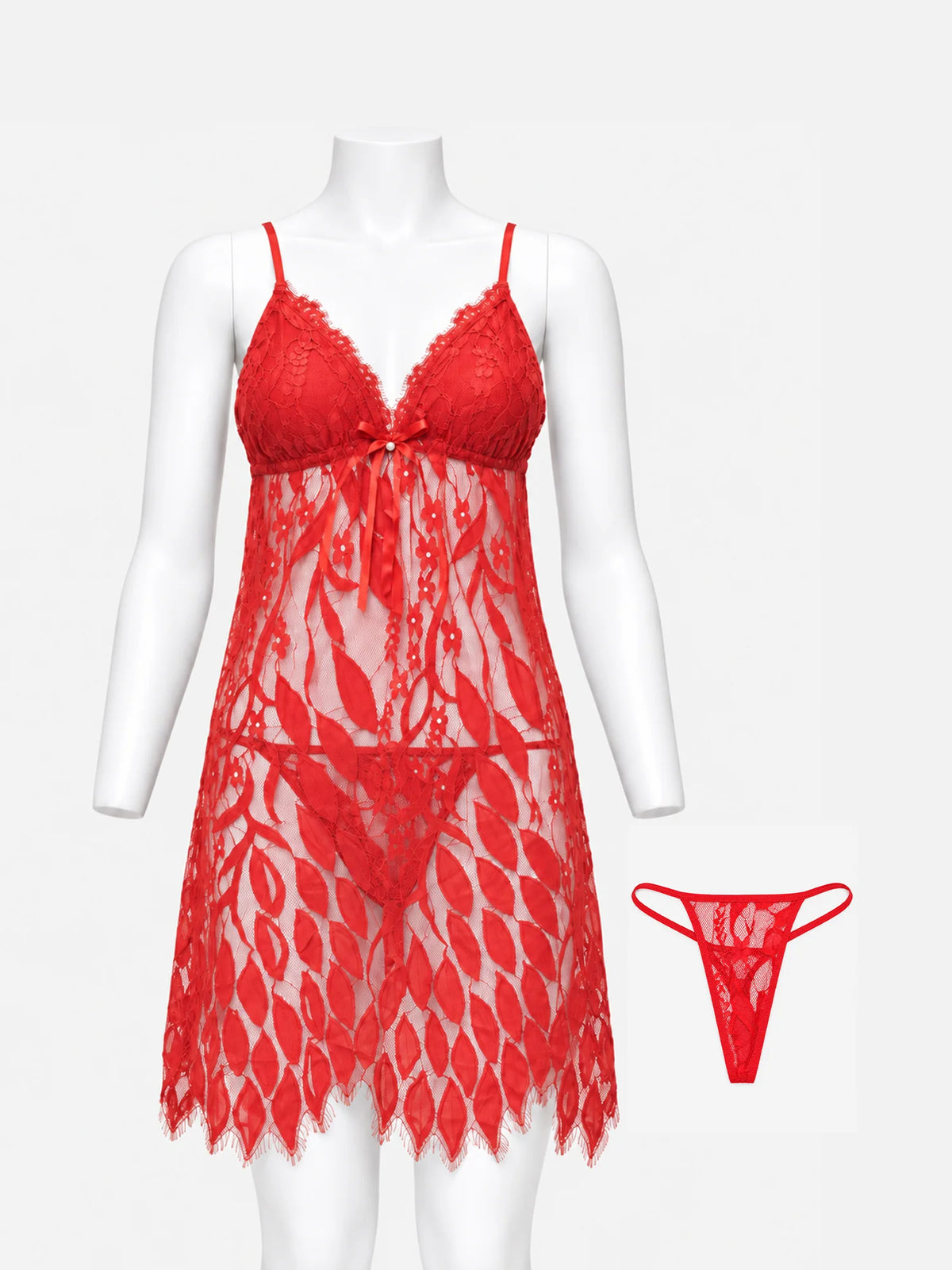 Red floral lace babydoll set on mannequin