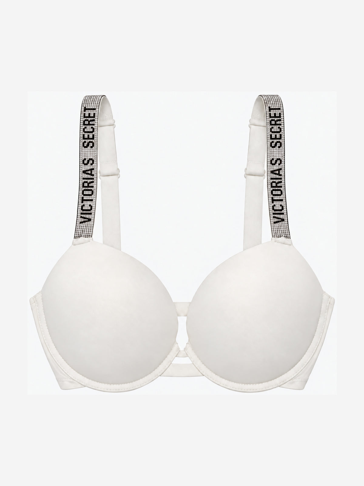 A white Victoria's Secret bra with wide, comfortable straps featuring the brand name printed vertically in black.