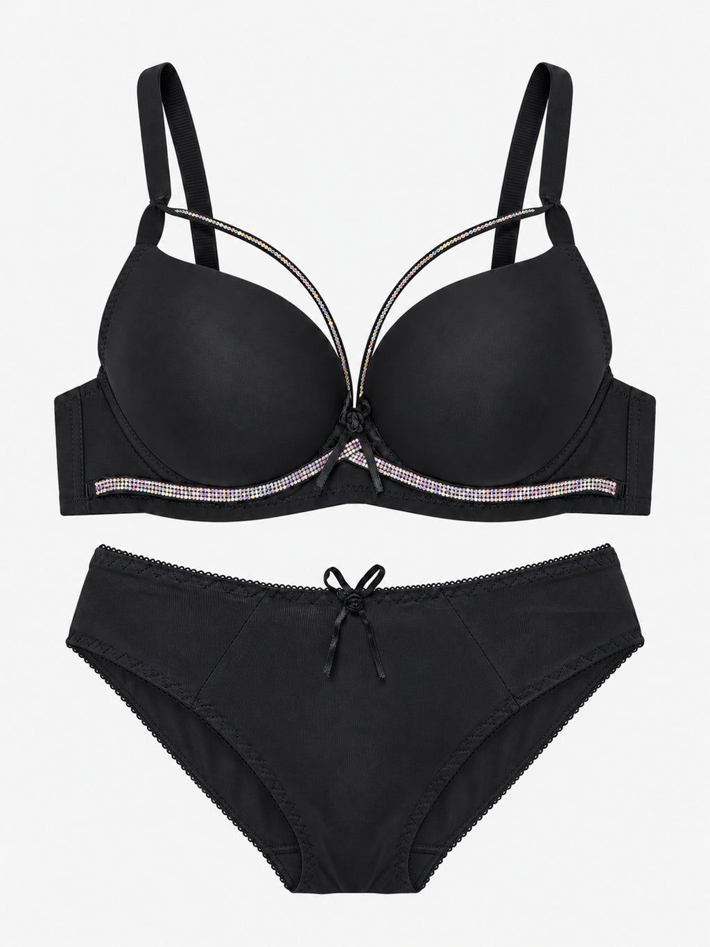 Emanay Rhinestone-Embellished Bra & Panty Set with Bow Detail