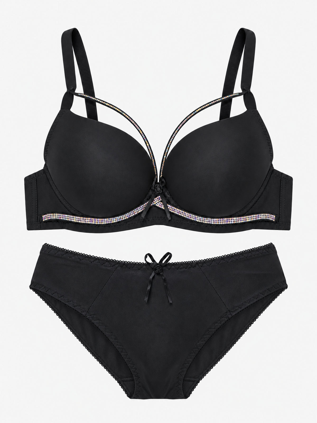 Emanay Rhinestone-Embellished Bra & Panty Set with Bow Detail