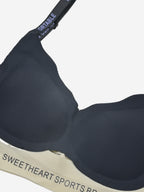 Black sweetheart sports bra, cup and strap detail