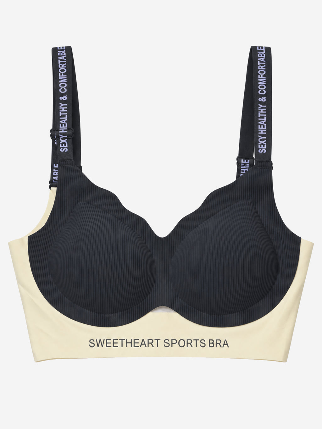Black sweetheart sports bra with ribbed cups and printed straps, front view