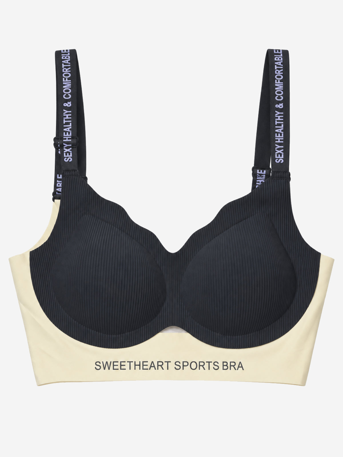 Black sweetheart sports bra with ribbed cups and printed straps, front view