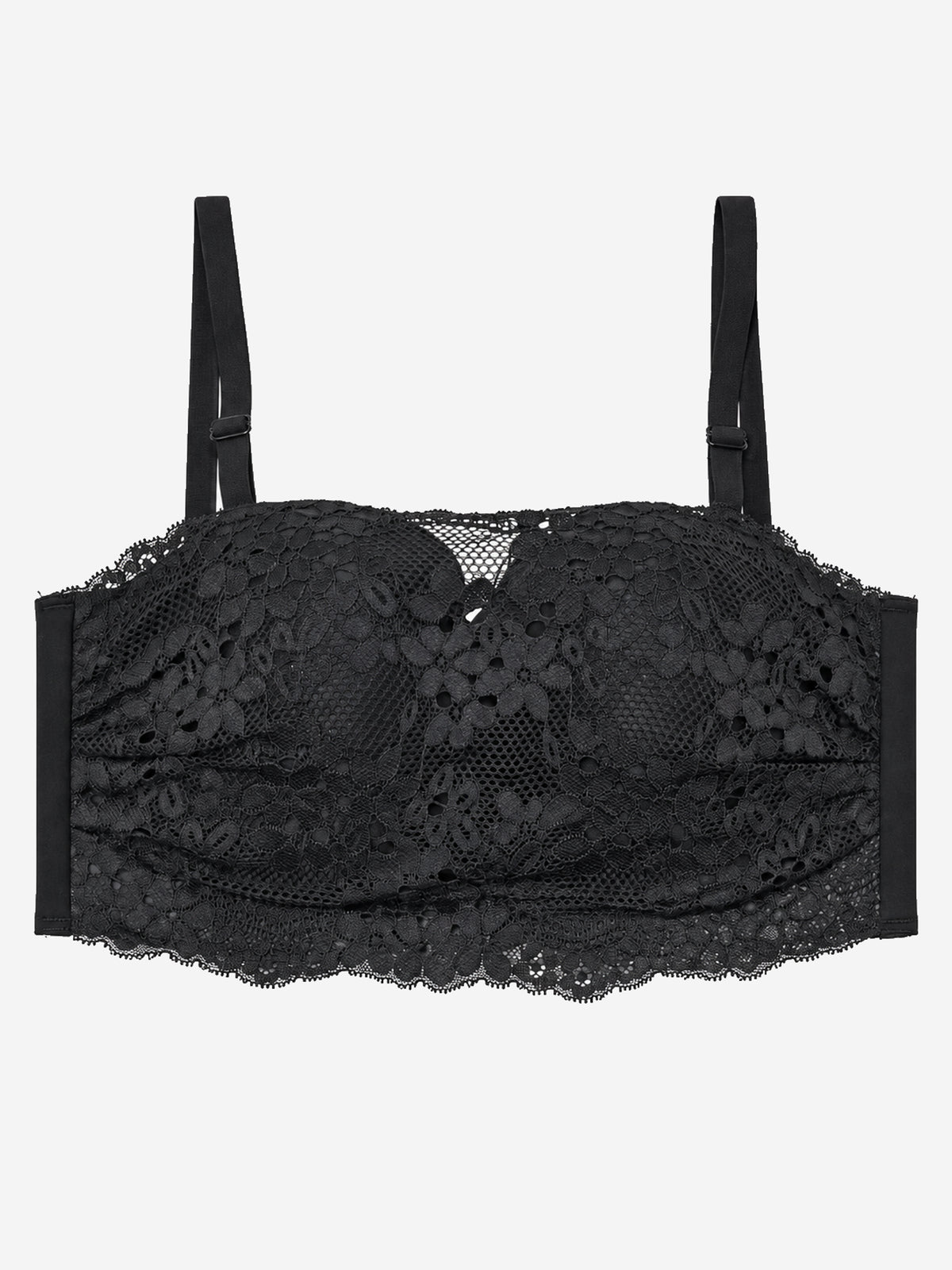 Black floral lace longline bra with scalloped edge, front view