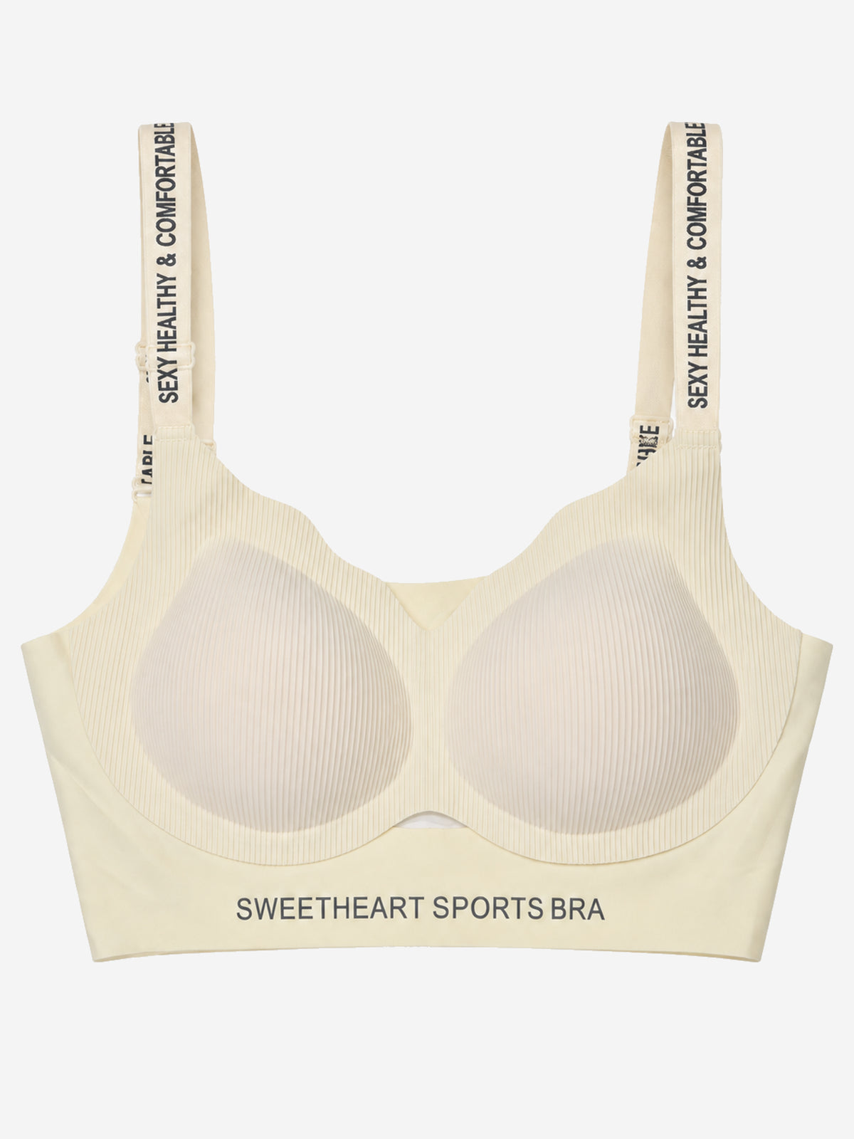 Cream sweetheart sports bra with ribbed cups, front view
