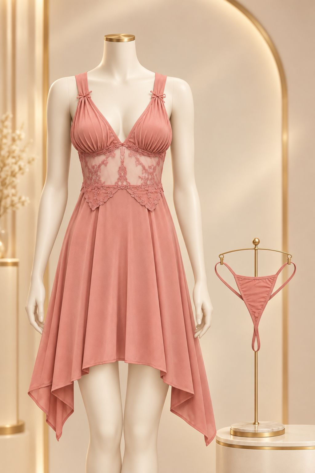 Dusty-rose nightdress and thong set on fancy mannequin
