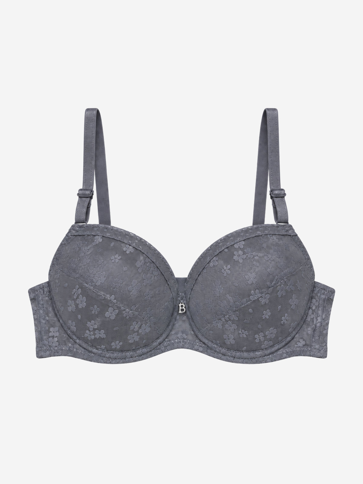 Gray floral-pattern bra with B centre charm, front view