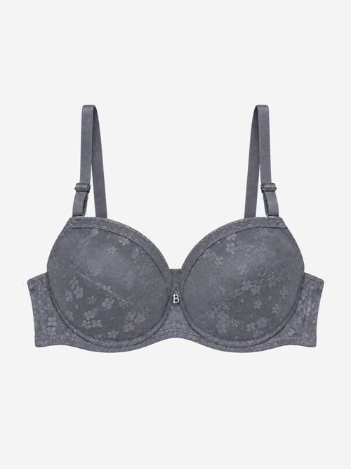 Gray floral-pattern bra with B centre charm, front view