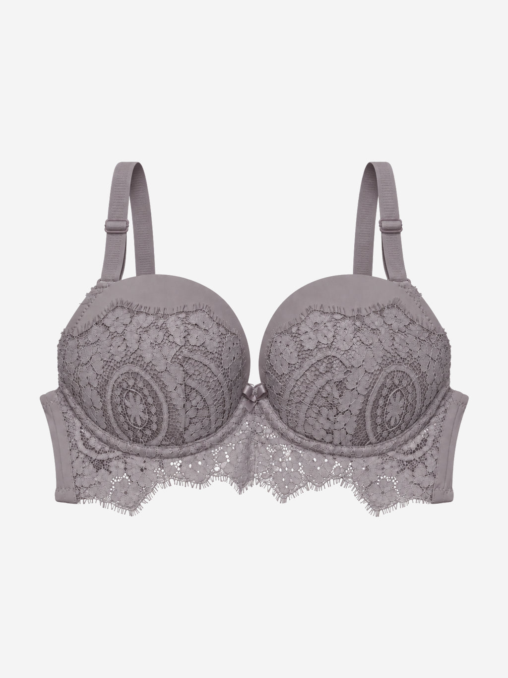 A dusty purple-gray lace underwire bra with adjustable shoulder straps, displayed against a light gray background.