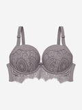 A dusty purple-gray lace underwire bra with adjustable shoulder straps, displayed against a light gray background.