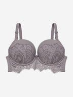 A dusty purple-gray lace underwire bra with adjustable shoulder straps, displayed against a light gray background.