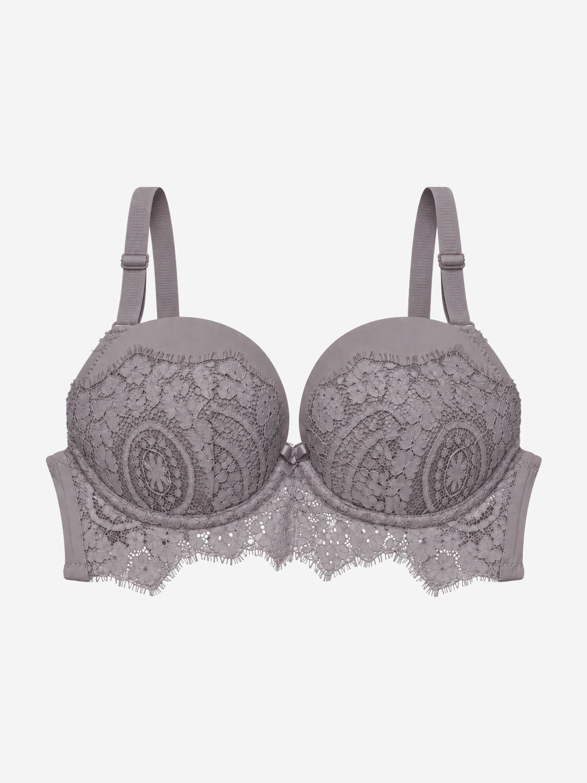 A dusty purple-gray lace underwire bra with adjustable shoulder straps, displayed against a light gray background.