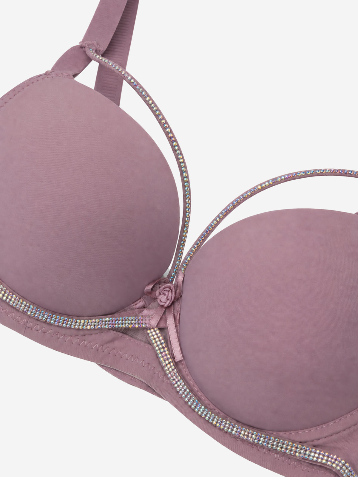 Close-up of mauve bra rhinestone and bow detail