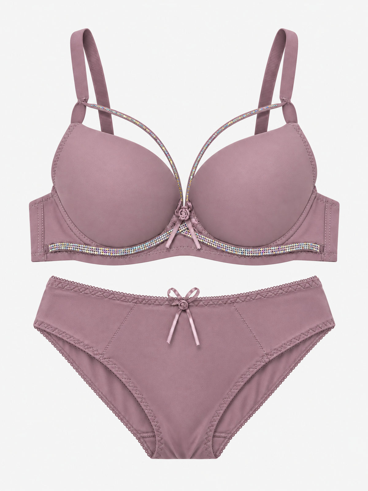 Emanay Rhinestone-Embellished Bra & Panty Set with Bow Detail