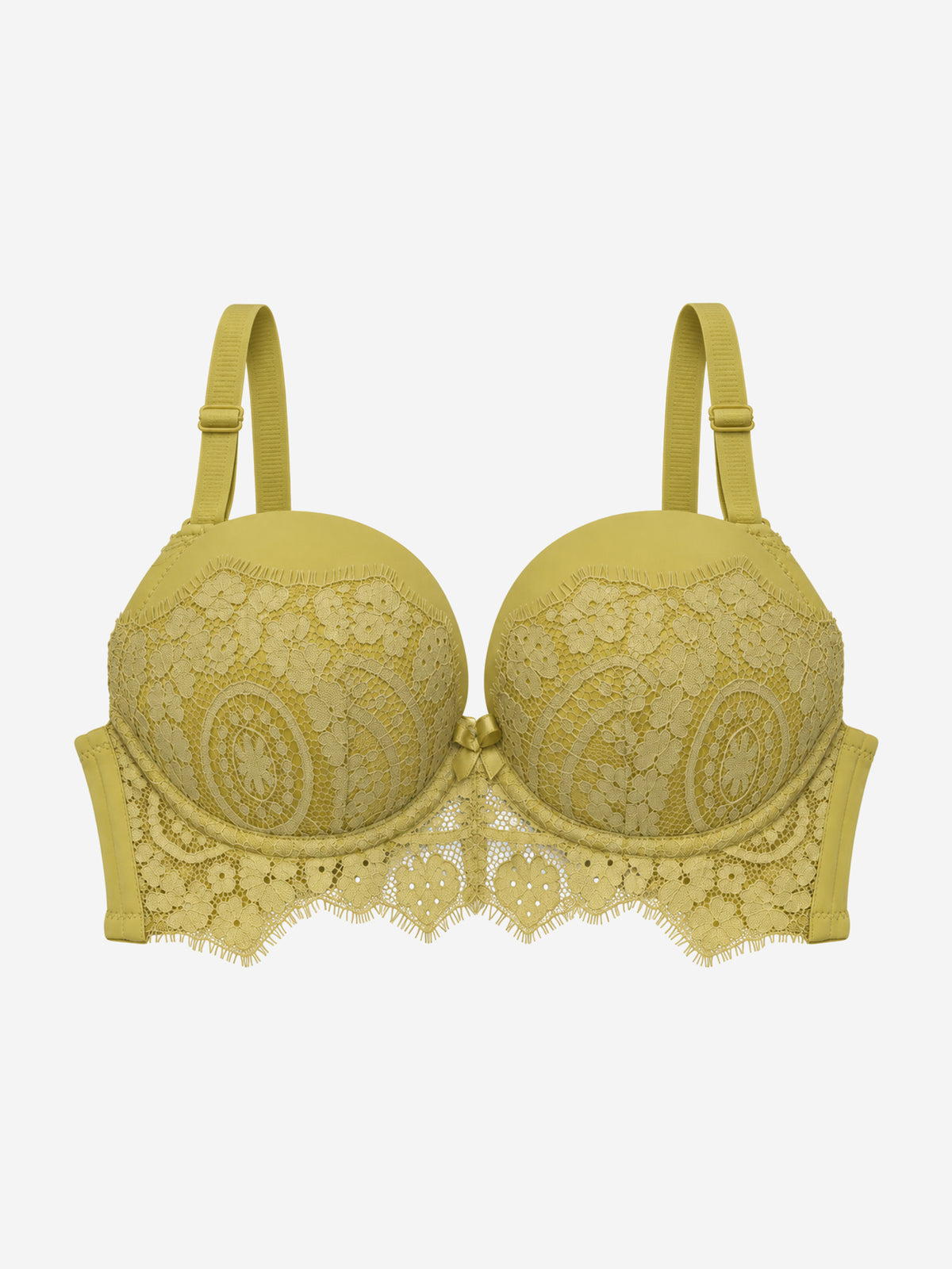 A yellow lace underwire bra with adjustable shoulder straps, displayed against a light gray background.