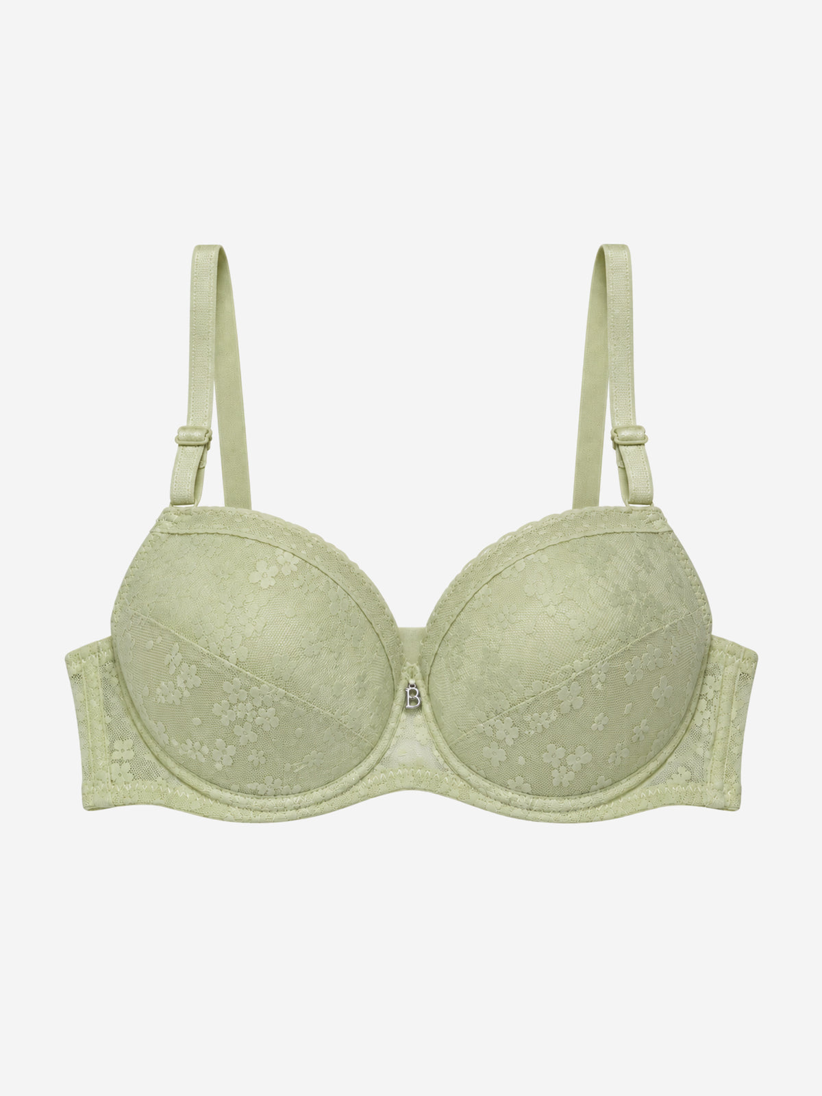 Pale green floral-pattern bra with B centre charm, front view
