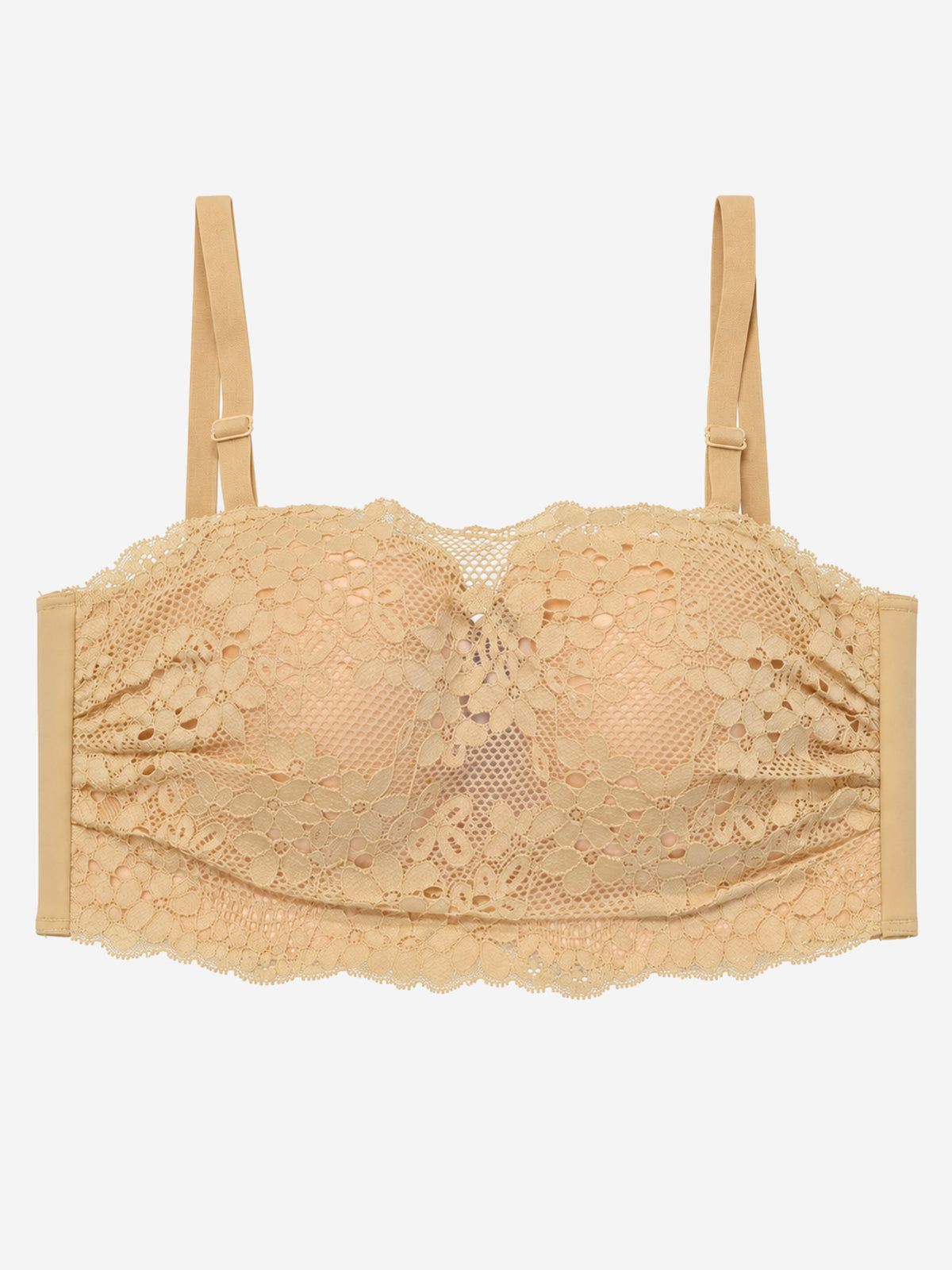 Pale yellow floral lace longline bra with scalloped edge, front view