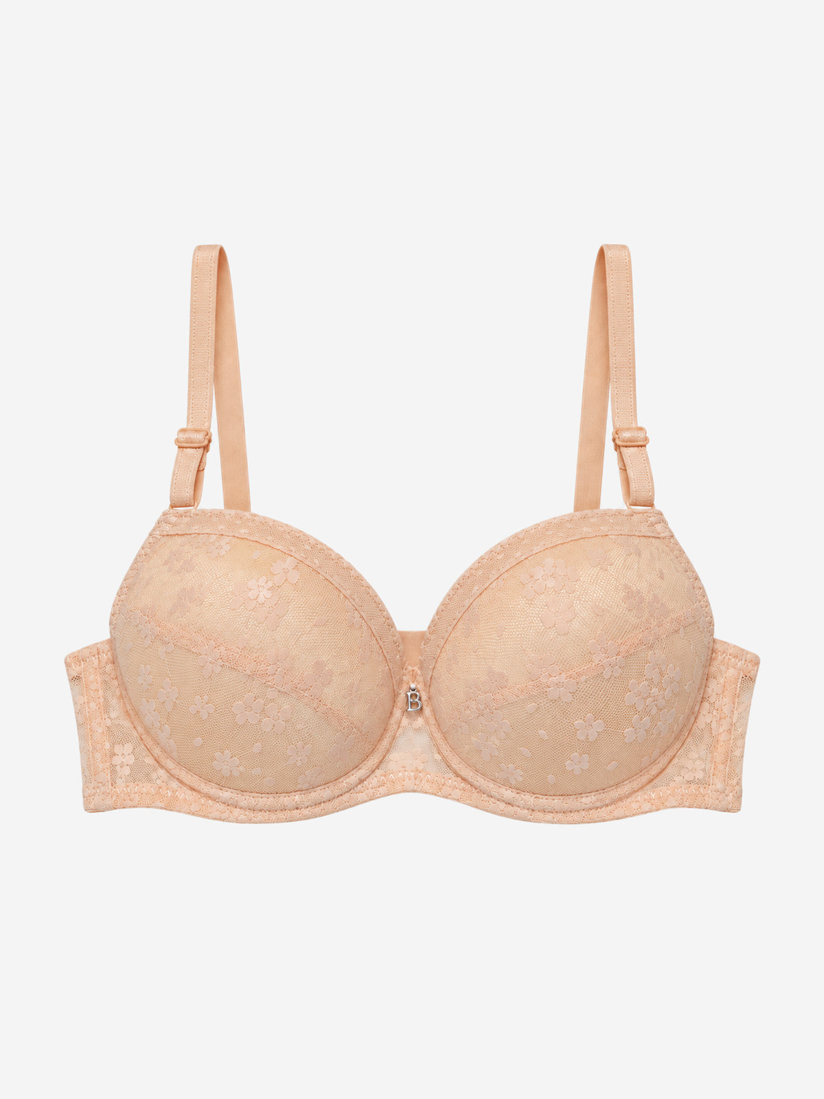 Peach floral-pattern bra with B centre charm, front view
