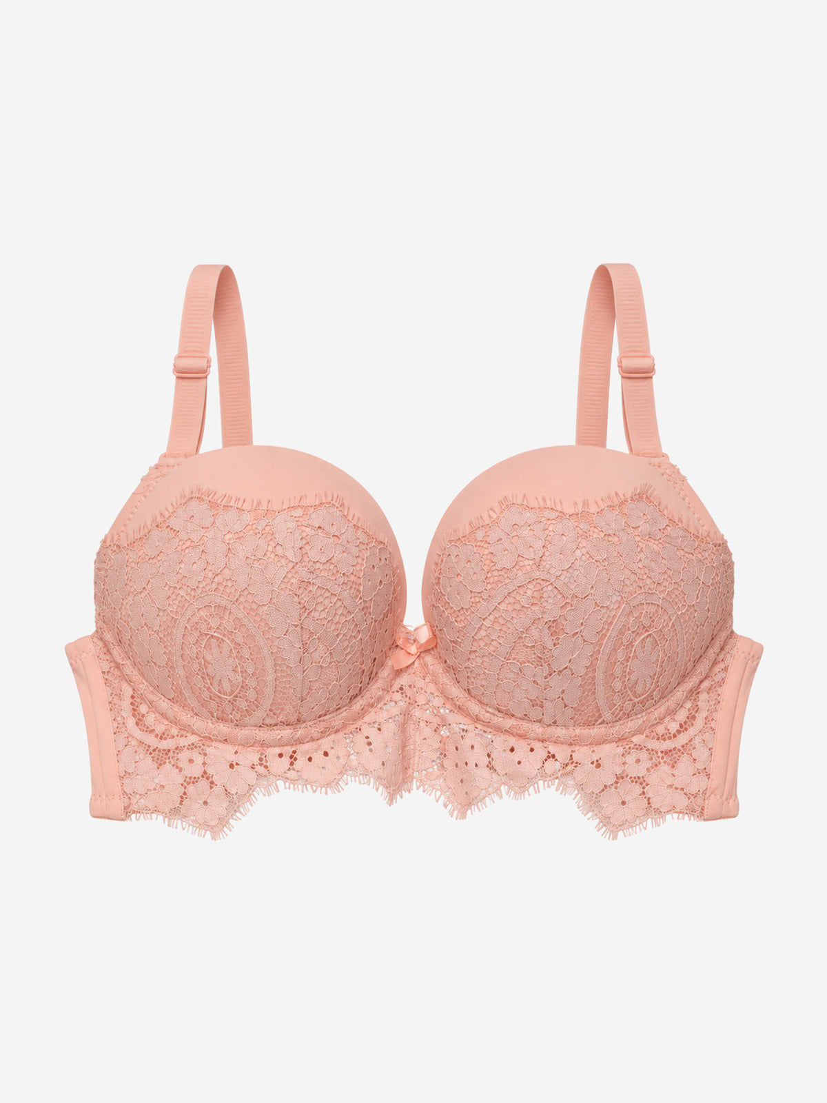 A light peach-pink lace underwire bra with adjustable shoulder straps and a scalloped lace hem, shown against a plain light gray background.