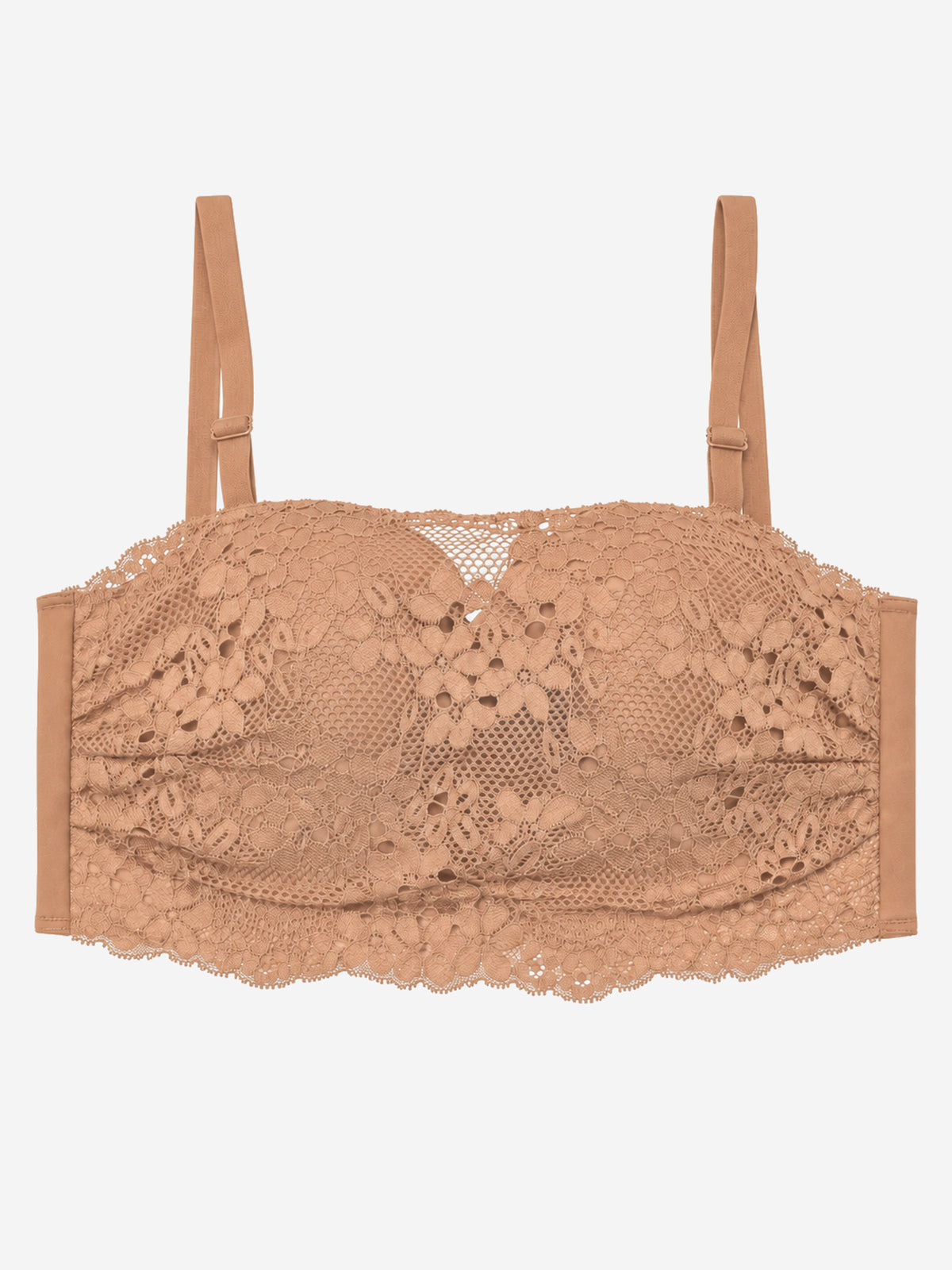 Peach floral lace longline bra with scalloped edge, front view