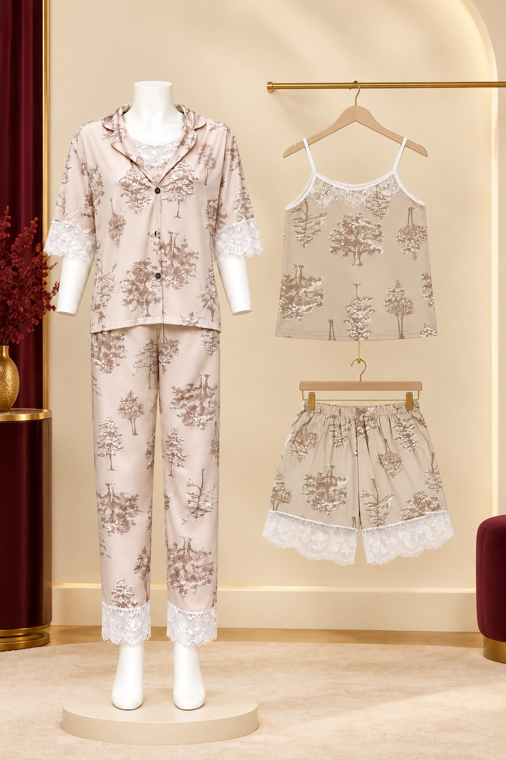 A women's two-piece pajama set displayed on a mannequin, alongside matching camisole and shorts on hangers. The pajama set features a light beige base with a brown toile-style tree pattern and white lace trim.