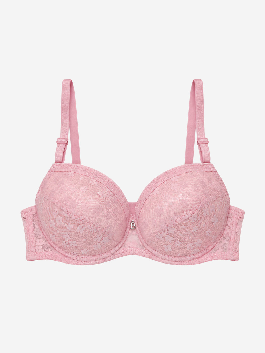 Pink floral-pattern bra with B centre charm, front view