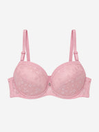 Pink floral-pattern bra with B centre charm, front view