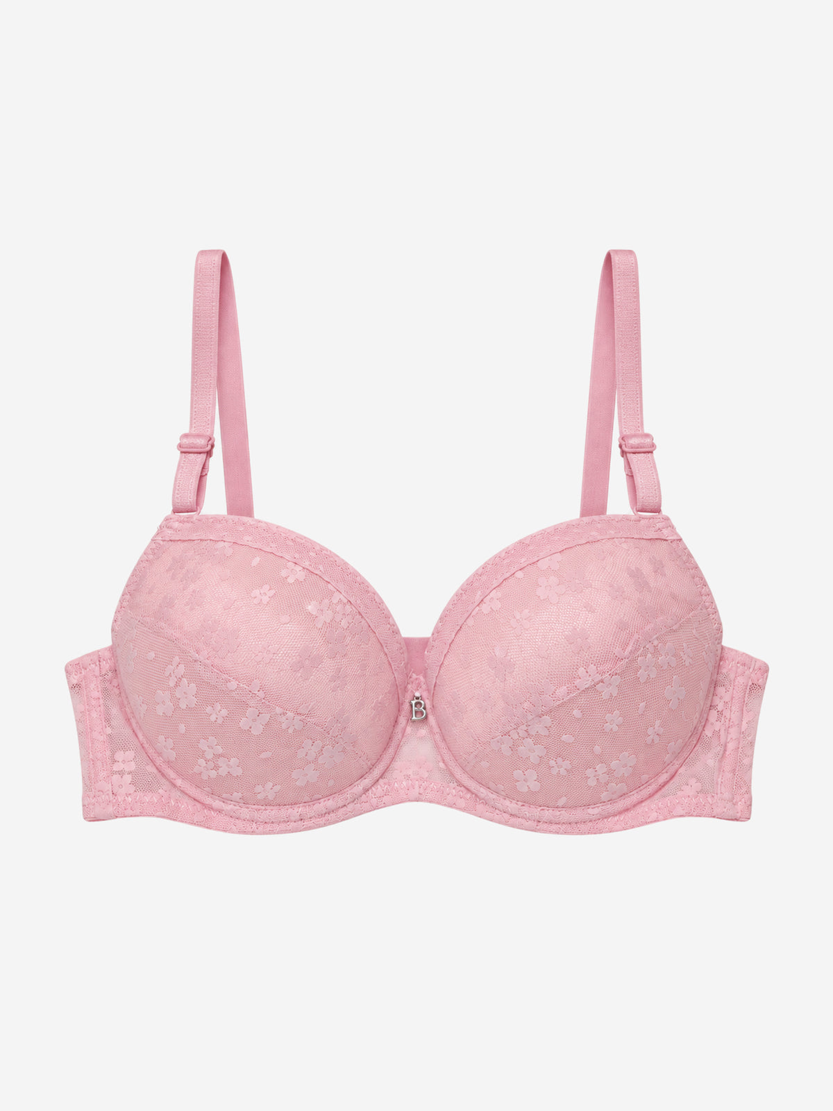 Pink floral-pattern bra with B centre charm, front view