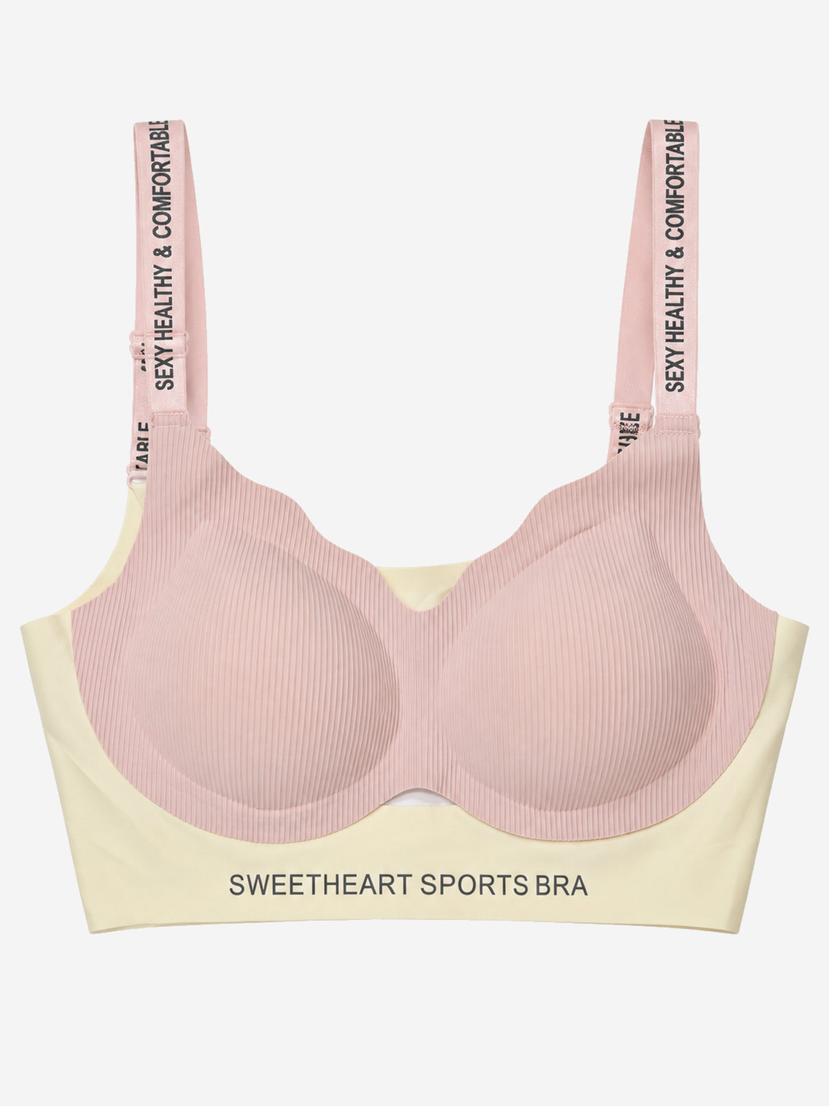 Pink sweetheart sports bra with ribbed cups, front view