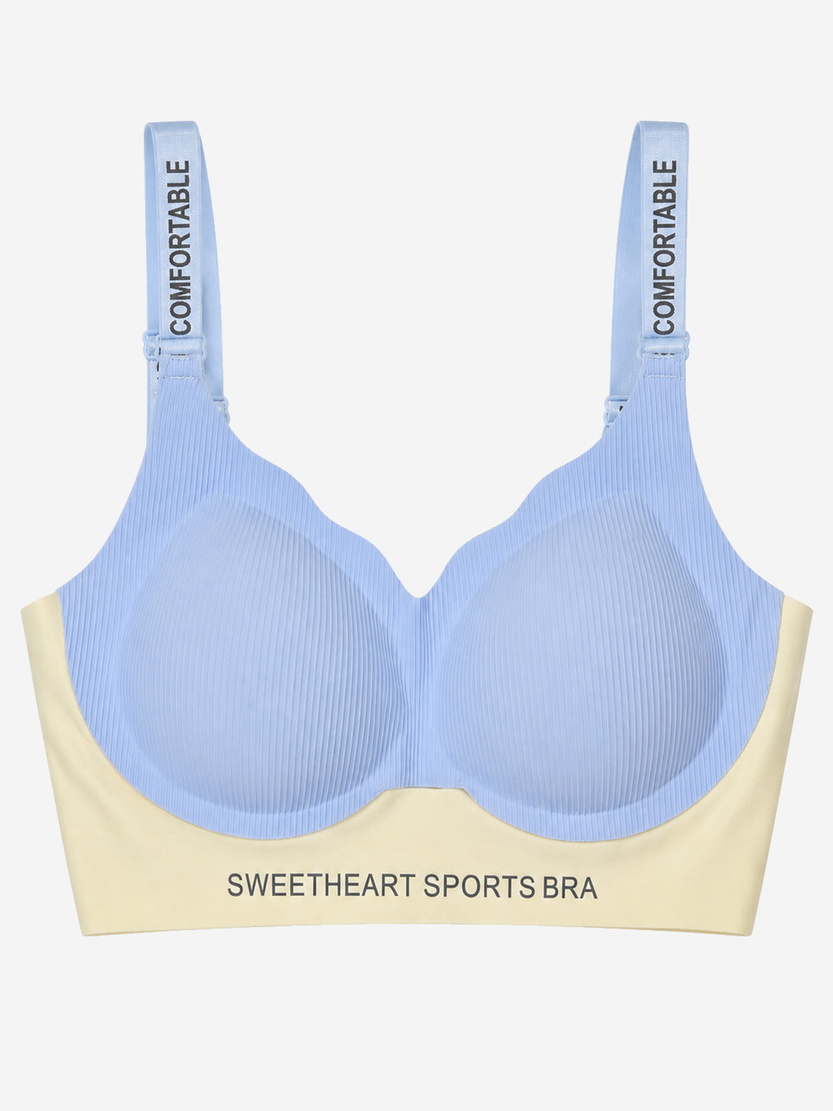 Powder blue sweetheart sports bra with ribbed cups, front view