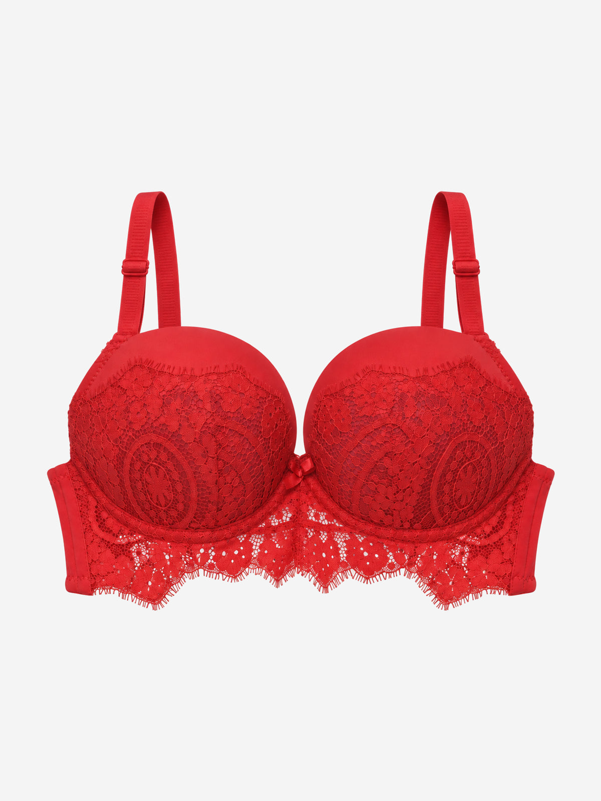 Red lace underwire bra with adjustable shoulder straps and a scalloped lace hem, shown against a plain light gray background.