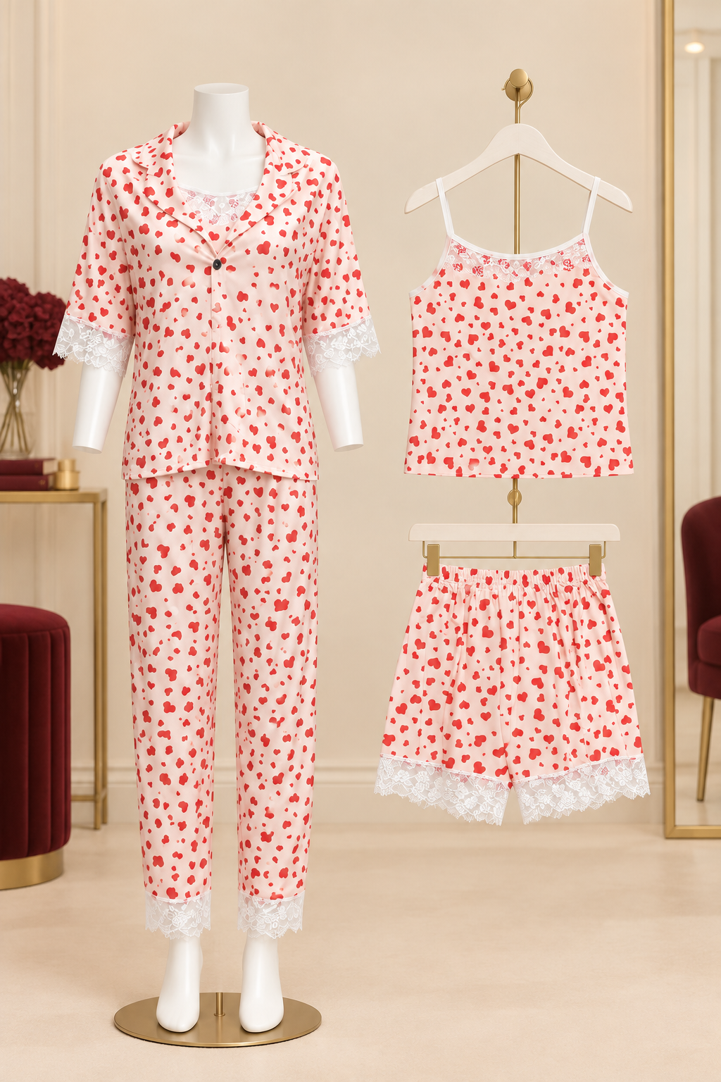 A women's three-piece pajama set displayed on a mannequin and hangers, featuring a red and white floral print with white lace trim details.