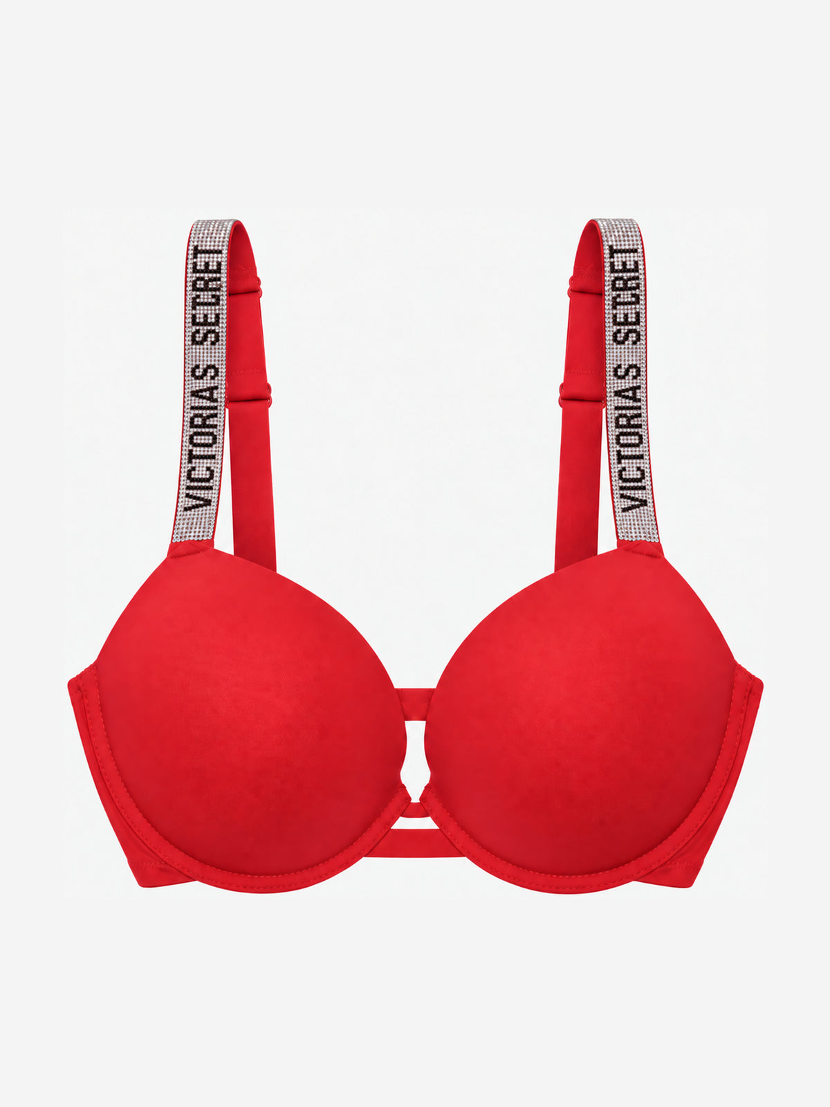 A red Victoria's Secret bralette with wide, adjustable shoulder straps featuring the brand name printed in white on a glittery background.