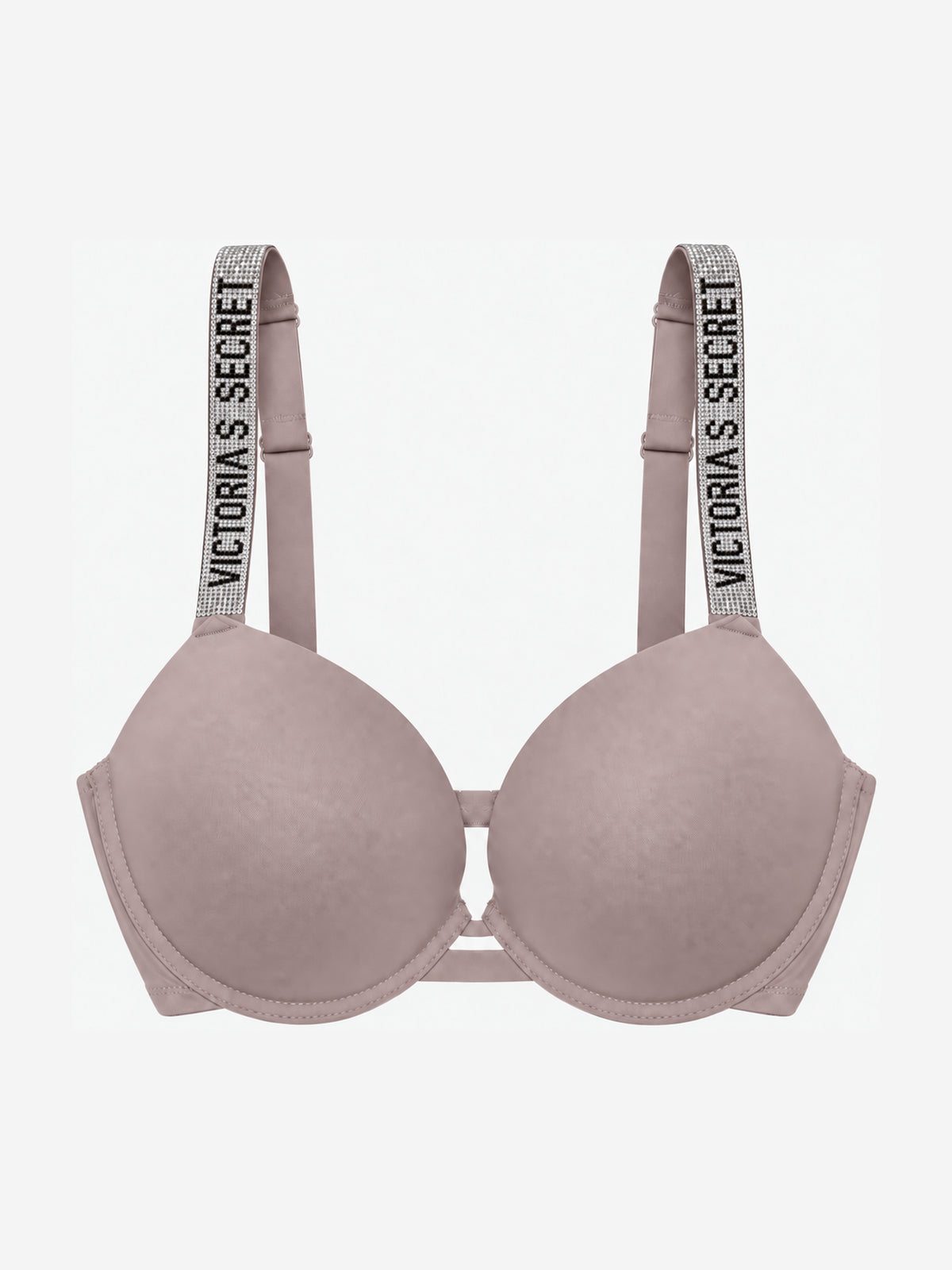 A light dusty pink molded cup bra with 'VICTORIA'S SECRET' printed on the shoulder straps, shown against a plain light gray background.