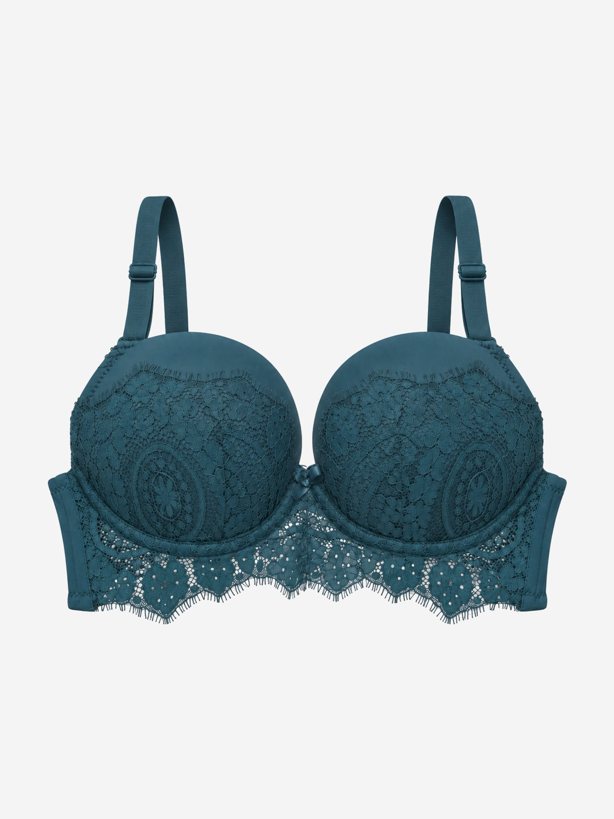 A dark teal lace bra with underwire and adjustable shoulder straps, displayed against a light gray background.