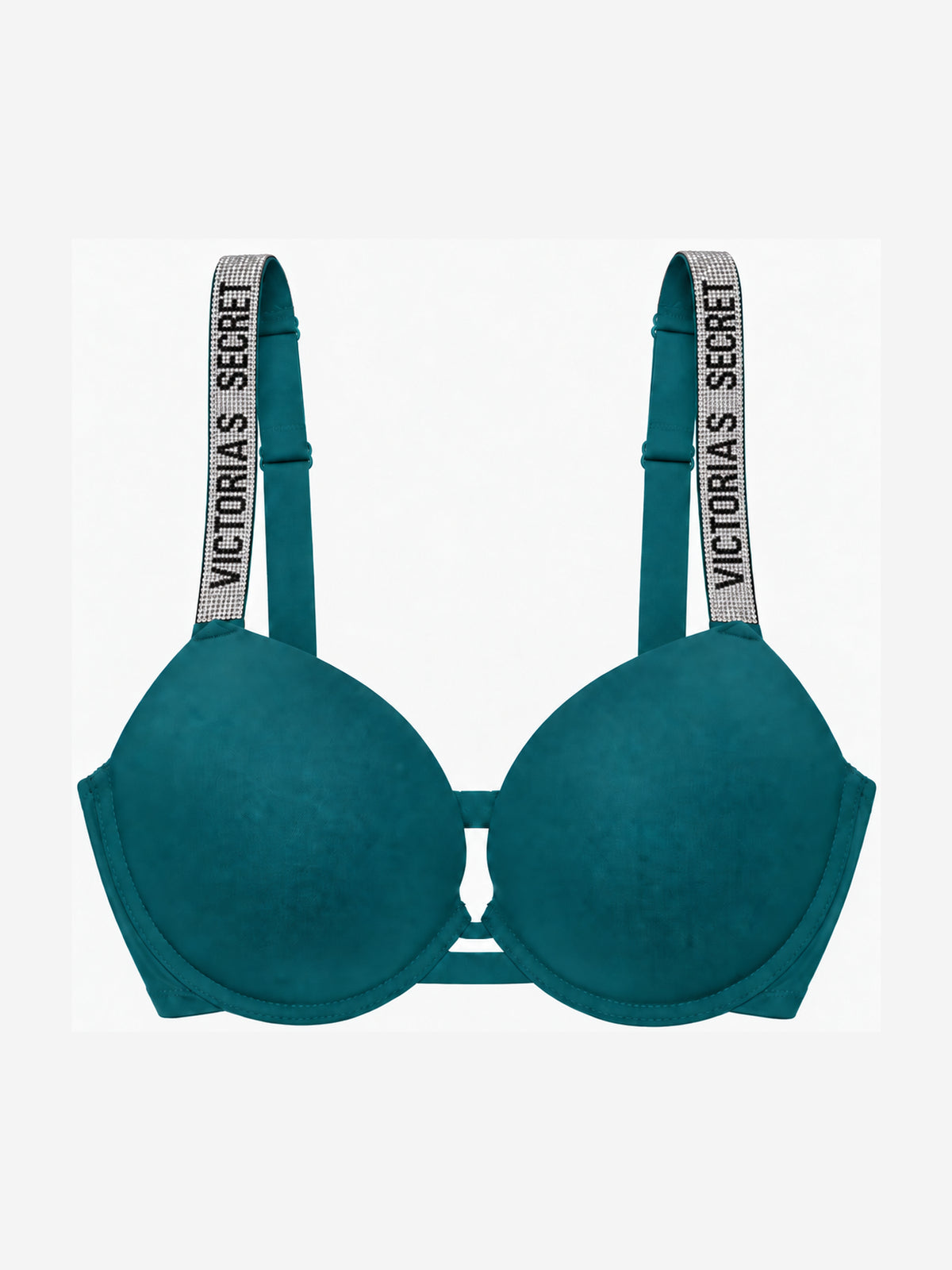 A teal green bra with wide shoulder straps featuring the text 'VICTORIA'S SECRET' in black on a white background, shown against a light gray studio background.