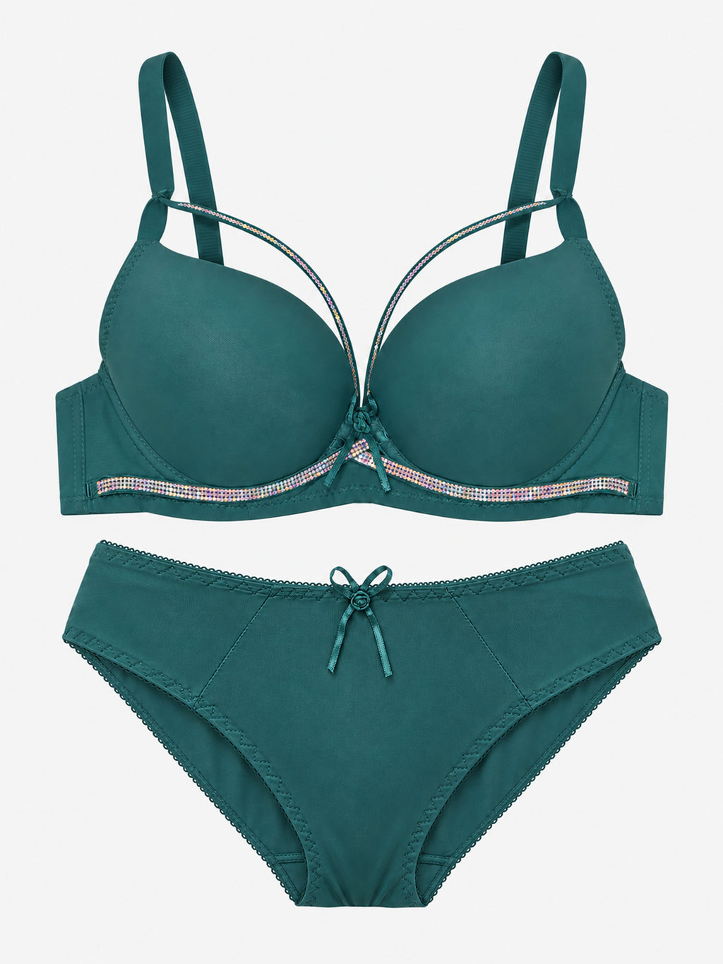 Emanay Rhinestone-Embellished Bra & Panty Set with Bow Detail